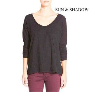 Sun & Shadow V Neck Thermal Ribbed Knit Swing Hi Low Long Sleeve‎ Shirt